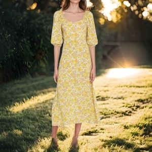 Faithfull The Brand Bronte Puff Short Sleeve Floral Yellow A-Line Midi Sz4